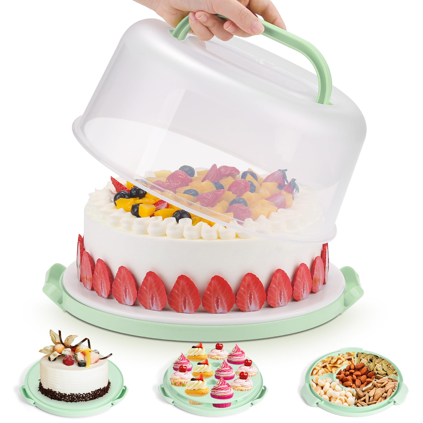 Cake Carrier with Lid and Handle, Cake Stand Cupcake Containers for 10 inch Cake with 2 Handles Cupcake Holder, 3 in 1 Transport Container Boxes for Cake Pie Muffin Pizza，Green Portable Cake Carriers