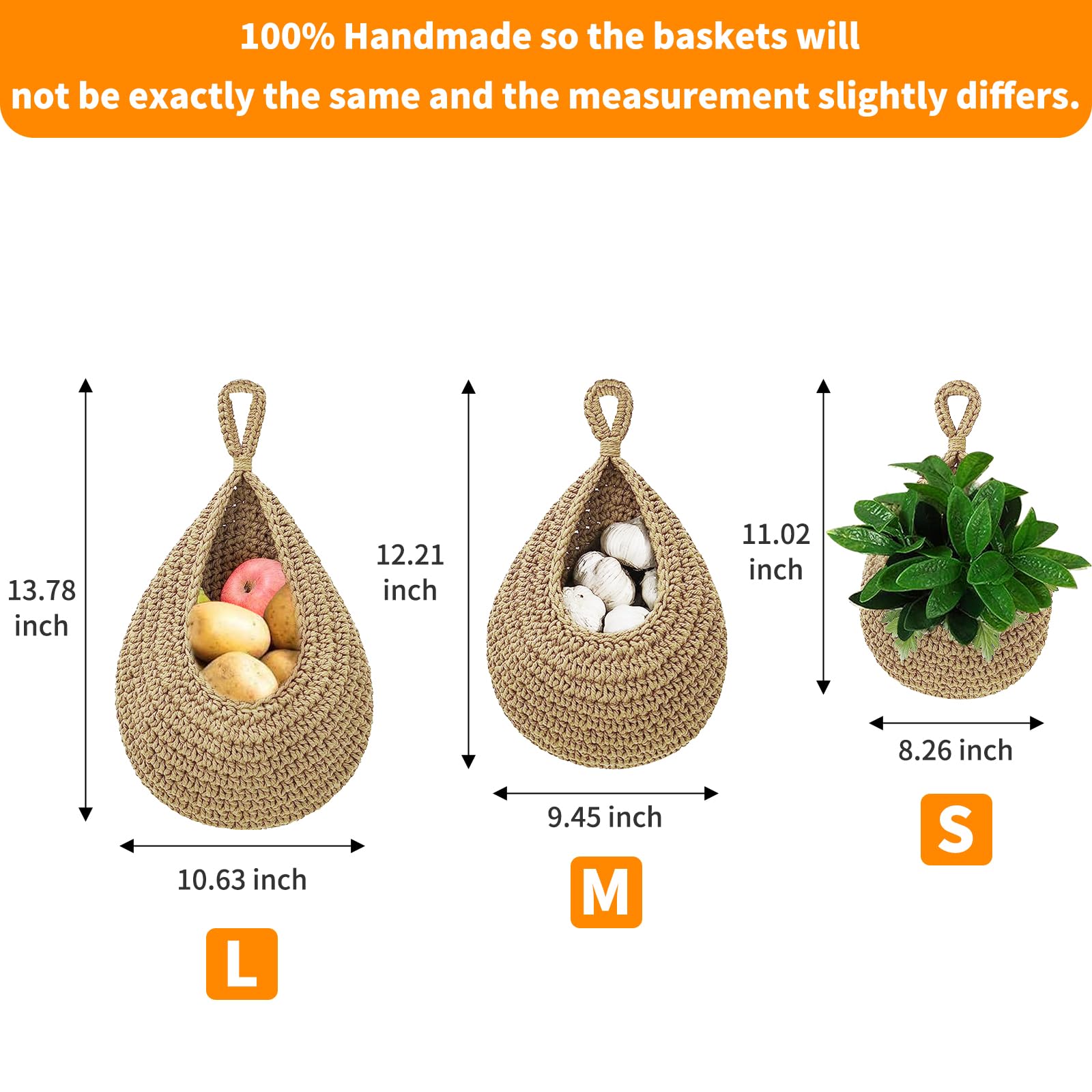 Teardrop Fruit Vegetable Baskets for kitchen, Boho Handwoven Wall Jute Hanging Basket Potato Garlic Onion Fruit Storage Handwoven Decorative Kitchen Organizer and Wall Planter Holder （3 Packs, Khaki）