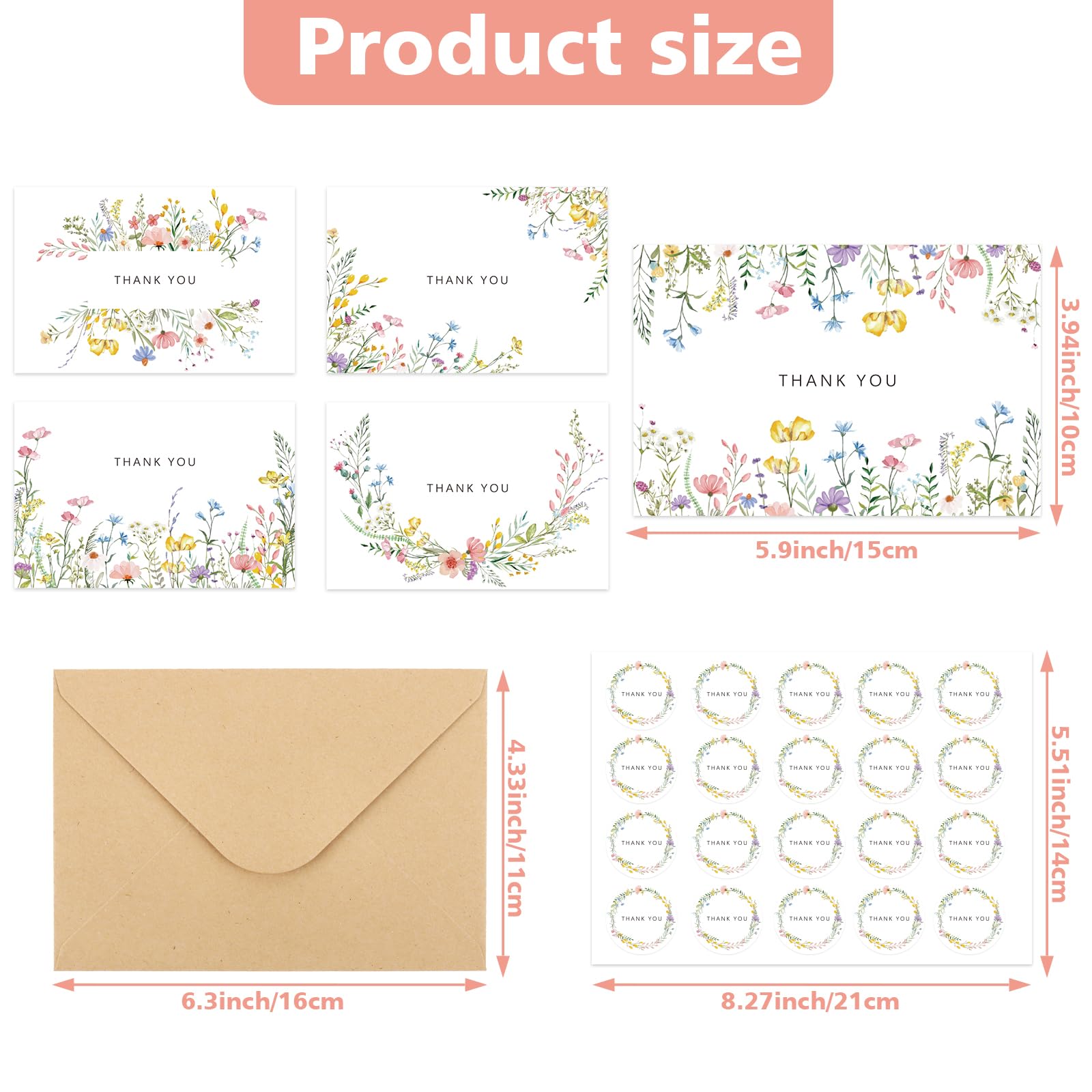Lemicin 100 Packs Wildflower Thank You Cards with Envelopes -4x6 Inches Thank You Letter Set with Envelopes and Stickers for Birthday Parties Baby Showers Bridal Weddings Graduation Ceremonies