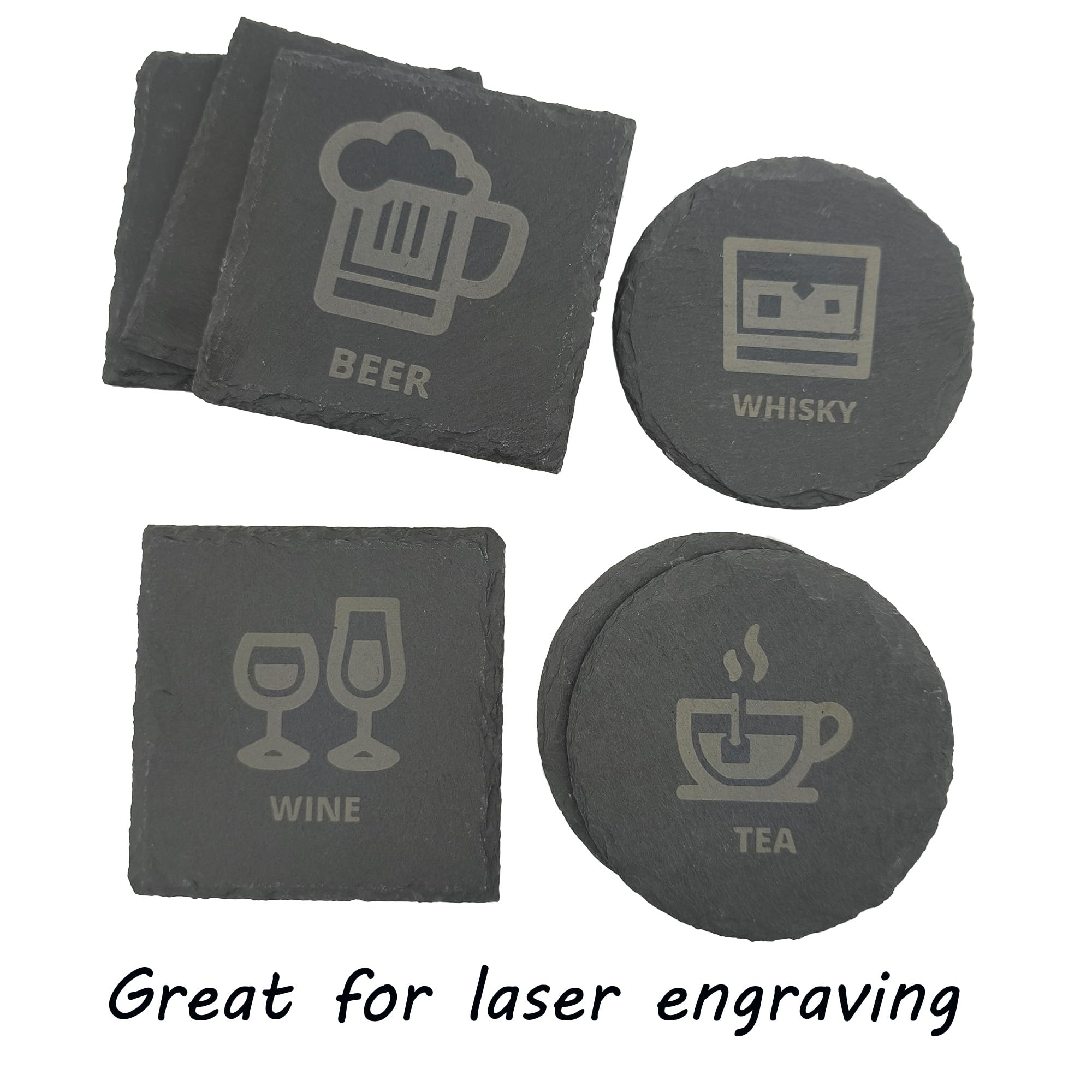 8 Pack 4 inch Round Slate Coasters with Metal Holder,Handmade Natural Rough Edge,with Integral Anti-Skid pad,Laser Engraving Blanks,Stone Coasters