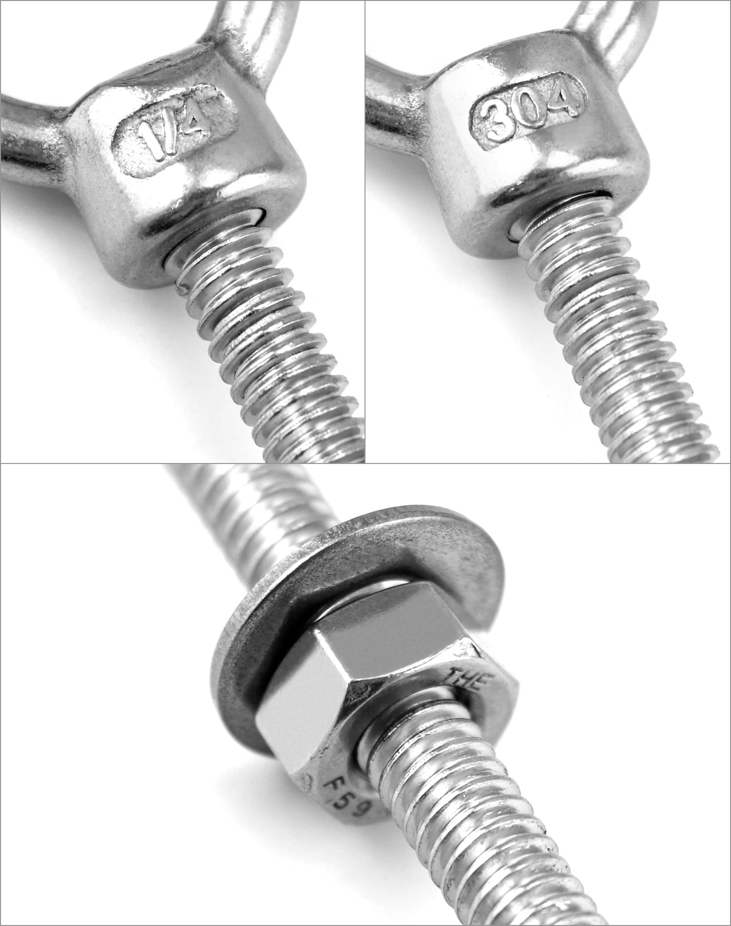 QWORK 10 Pack Eye Bolt, T316 Stainless Steel Marine Grade Threaded Eyebolts, 1/4"x3" Lifting Ring Threaded Eyebolts with Nuts Washers