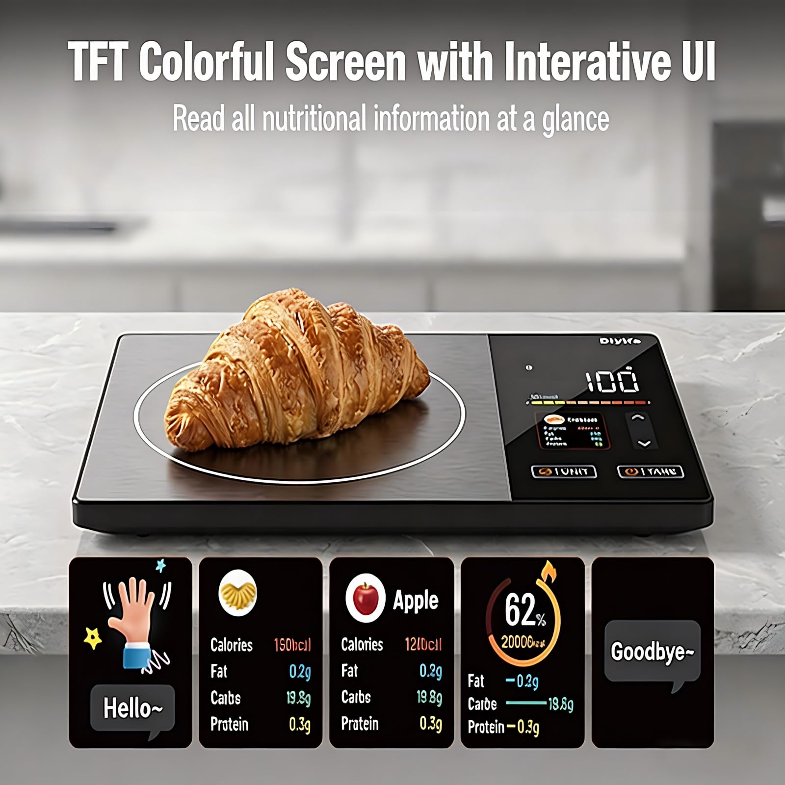 Smart Food Scale with Nutritional Calculator, [TFT Colorful Display] 5kg Nutrition Scale with App, 25 Nutrients Tracking, Calorie, Macro, Keto, Weight Loss, Tare, 5 Units for Meal Prep & Baking