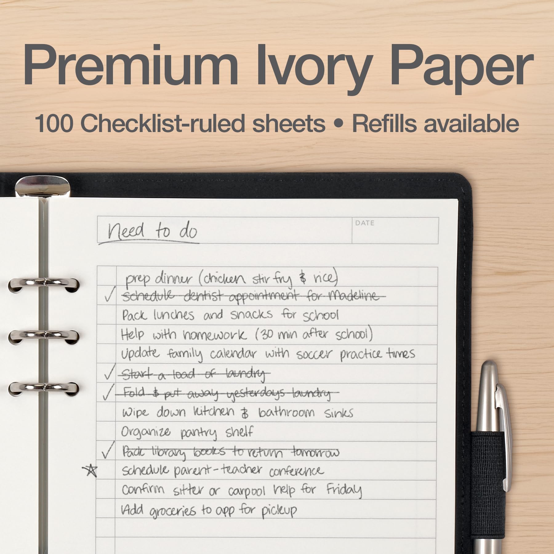 Oxford 6-Ring Professional Notebook, Refillable 6-Ring Notebook, 7" x 9", Black Faux Leather Cover, 100 Sheets Ivory Lined Paper with Date & To-Do Checkboxes, A5 Size, for Office, School, and Home