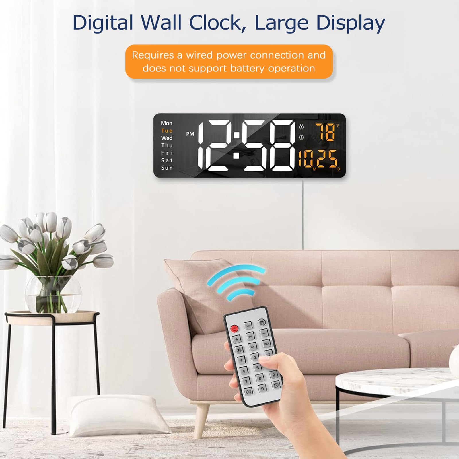 Lantoo 16.2" Large Digital Wall Clock with Remote Control, Dual Alarm, 10-Level Auto Dimmer, LED Clock with Date, Temperature (℃/℉) & Weekday, 12/24H Silent Wall Clock