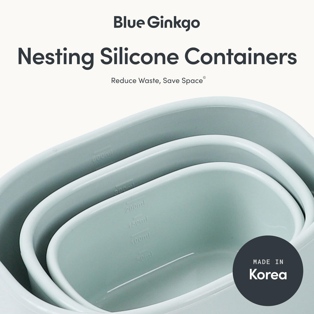 BLUE GINKGO Nesting Silicone Containers - Set of 3 Silicone Food Storage Containers | Made in Korea, BPA Free, Airtight, Dishwasher and Freezer Safe (200ml, 300ml, 600 ml) - Green