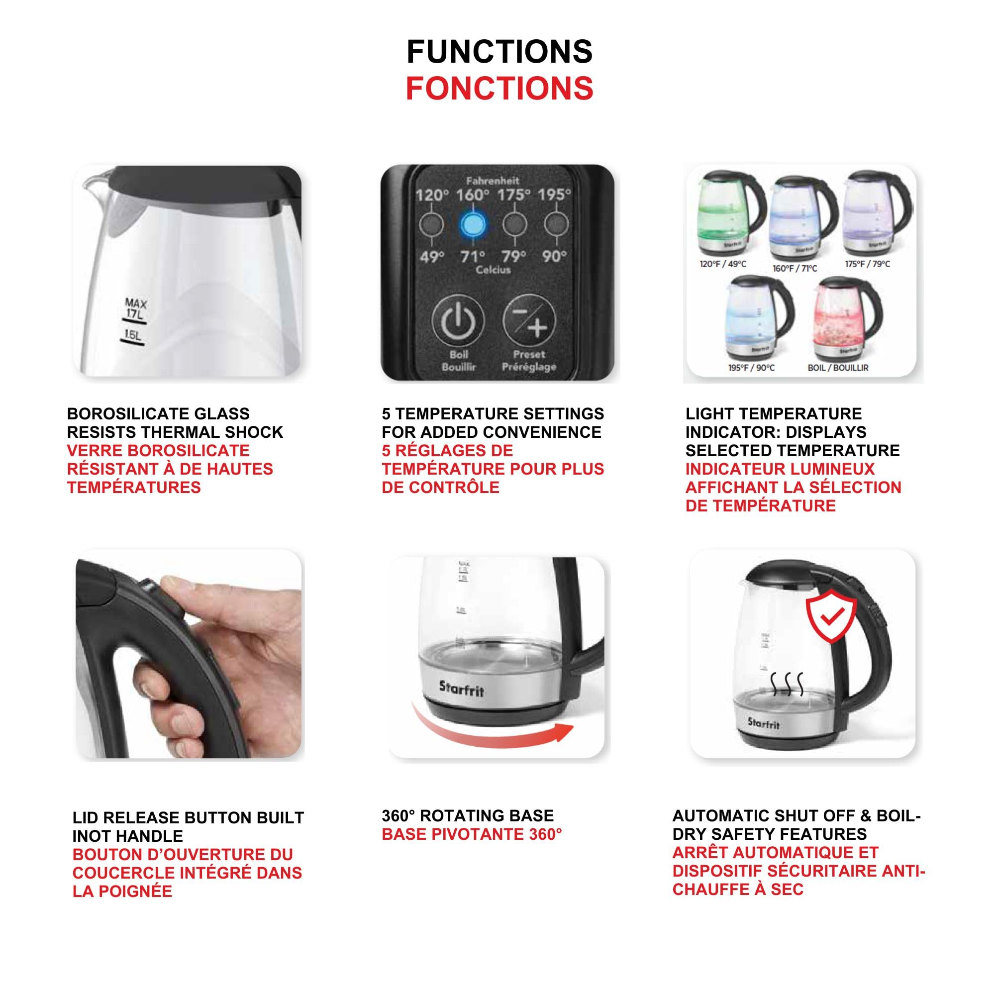 Starfrit Electric Variable Temperature Control Glass Kettle - 1.7L - 5 Preset Temperature Settings - 1500W