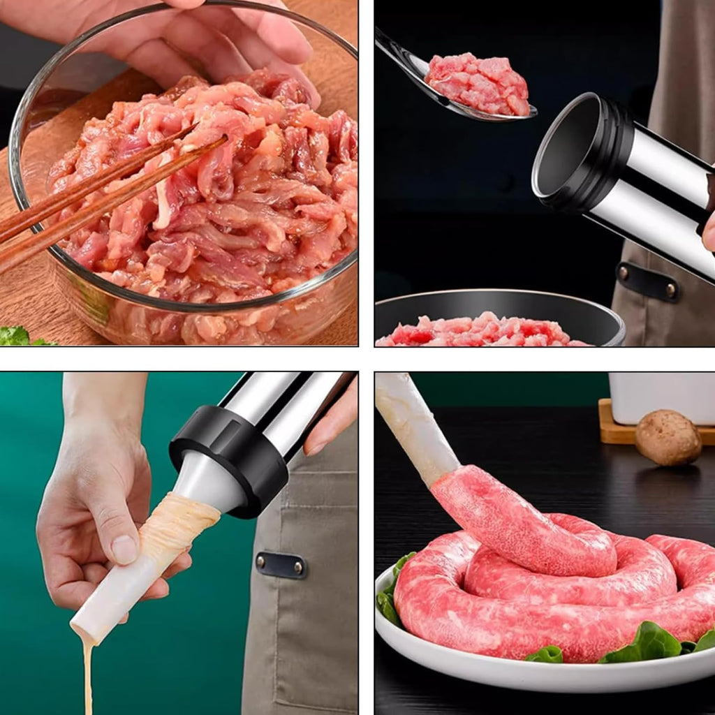 Sausage Stuffer Manual 304 Stainless Steel Sausage Maker Meat Stuffer Filler Hand Operated Salami Maker Sausage Filling Tool Funnel with 3 Nozzles
