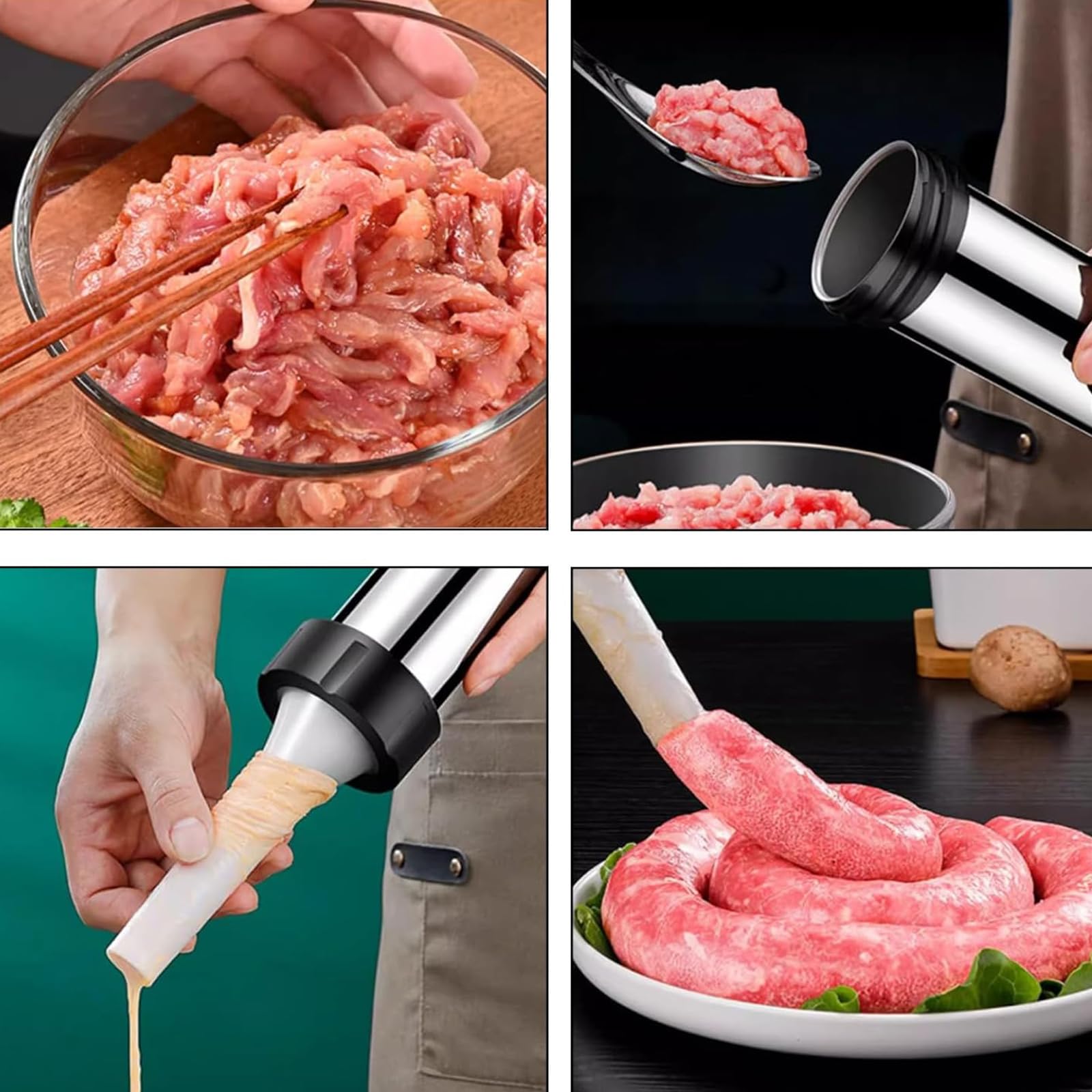 Sausage Stuffer Manual 304 Stainless Steel Sausage Maker Meat Stuffer Filler Hand Operated Salami Maker Sausage Filling Tool Funnel with 3 Nozzles