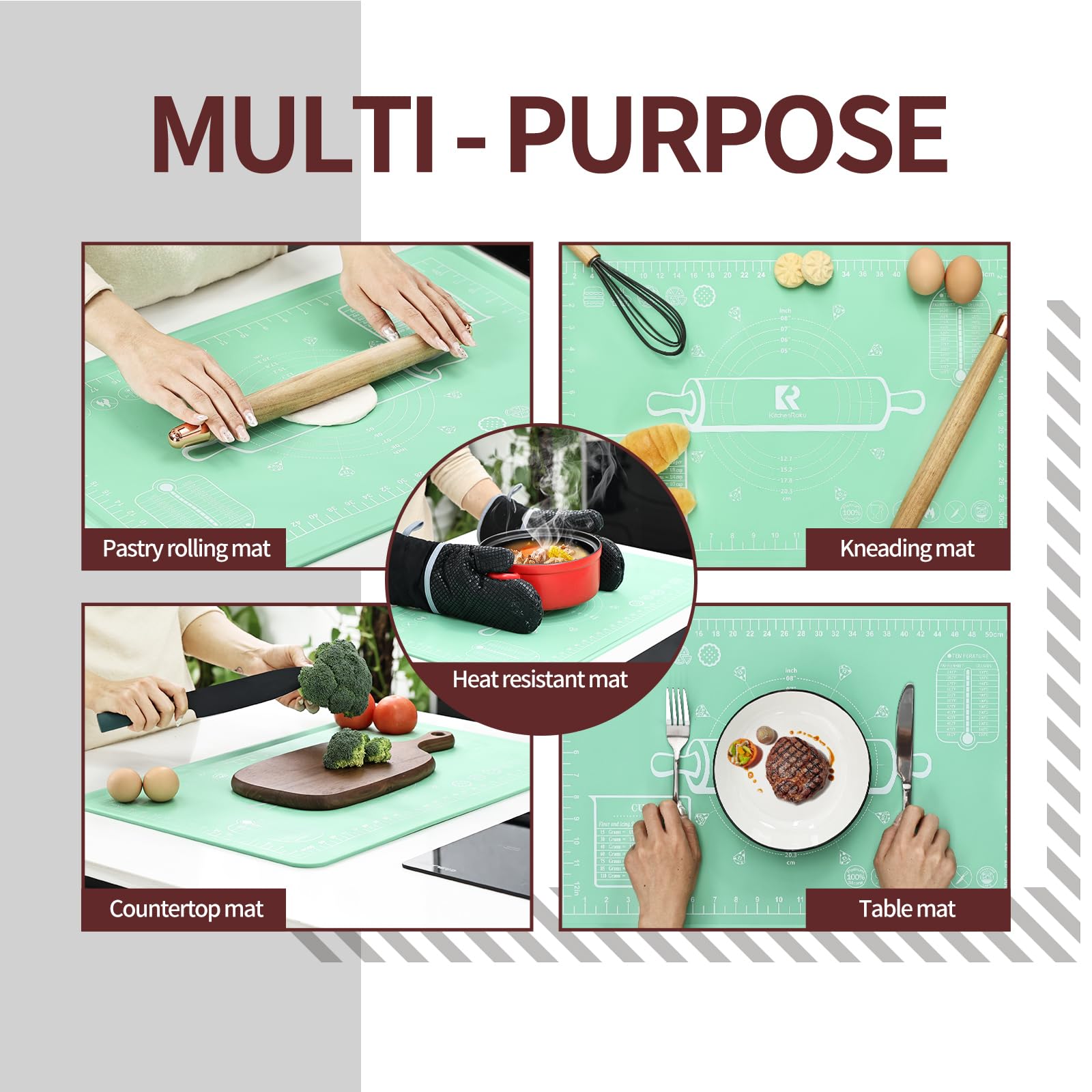 Silicone Baking Mat, Extra Thick Dough Rolling Pad with Measurements and Edge Heightening, Non-Stick Food Grade Silicone Pastry Mat for for Pastry, Bread, Cookies (Matcha Green Edge Up, 20x28 Inch)