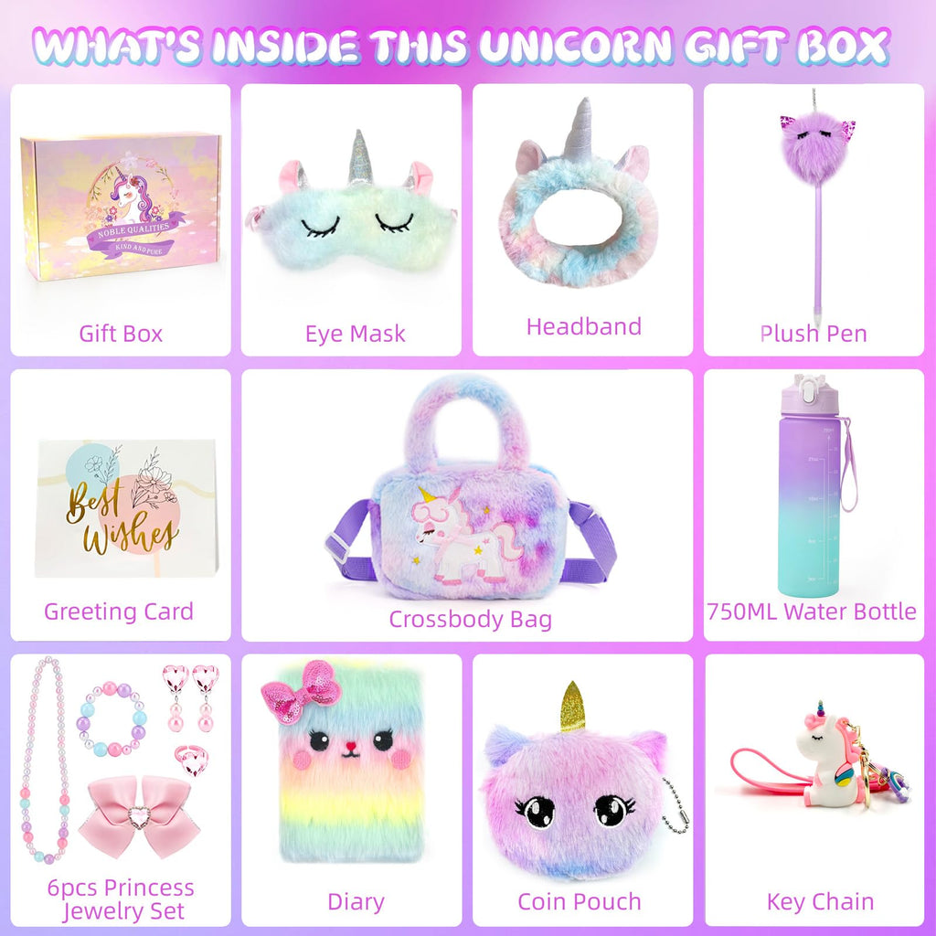 Seyaom Unicorn Gifts for Girls Age 4-12, Unicorn Stuffed Toys Set Christmas Birthday Gifts with Plush Diary Headband Eye Mask Water Bottle for Girls 4 5 6 7 8 9 10 Years Old