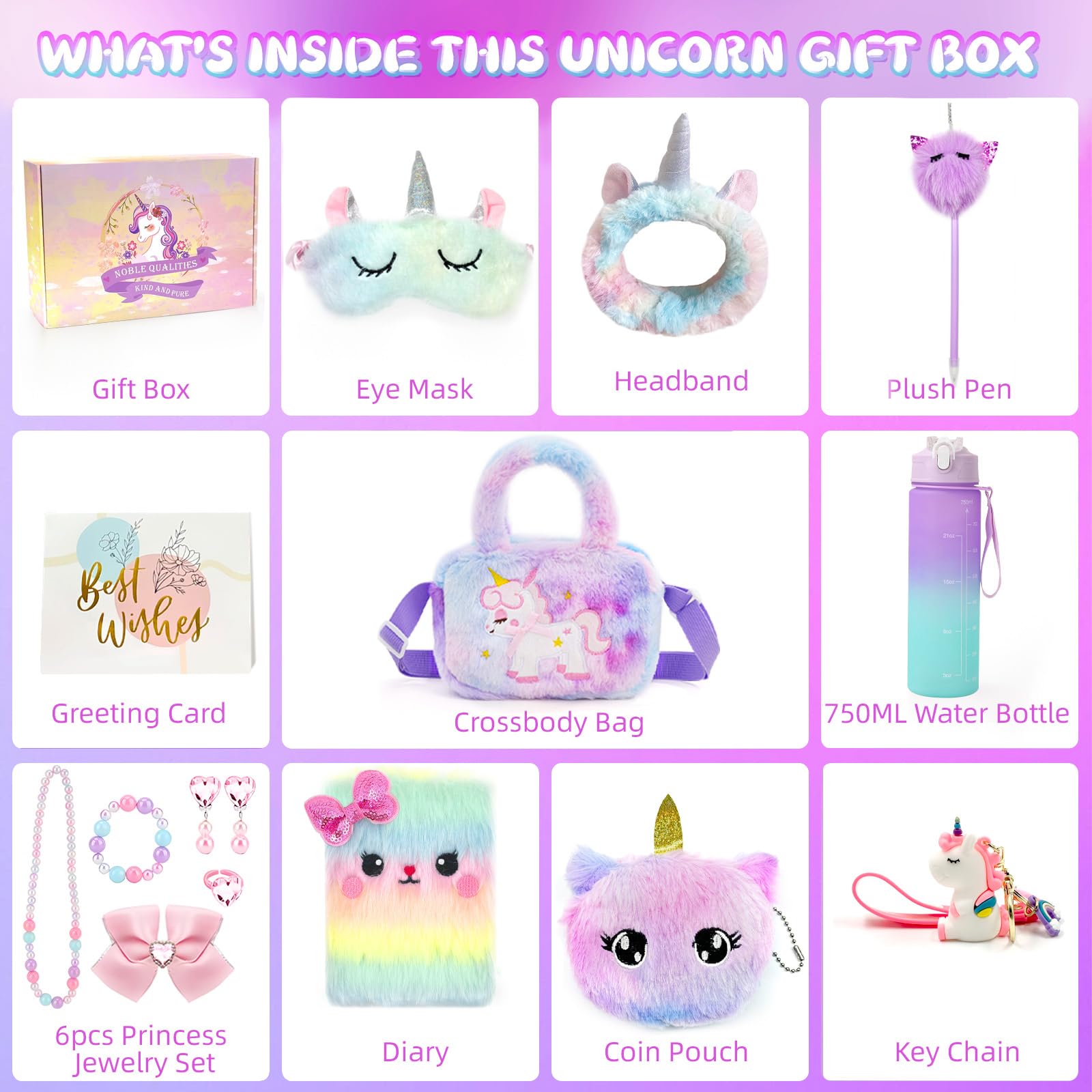 Seyaom Unicorn Gifts for Girls Age 4-12, Unicorn Stuffed Toys Set Christmas Birthday Gifts with Plush Diary Headband Eye Mask Water Bottle for Girls 4 5 6 7 8 9 10 Years Old