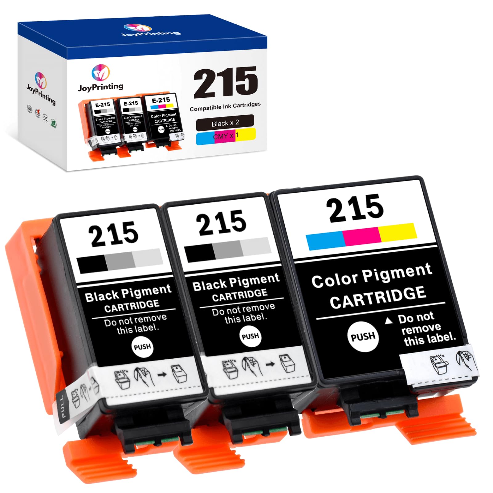 JoyPrinting 215 Ink Cartridges, 215 T-215 Black & Tri-Color Cartridge Combo Pack Remanufactured for Workforce WF-100 WF-110 Printers (2 Black, 1 Color, 3 Pack)