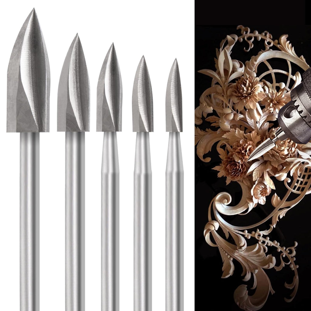 shengbenhao Wood Carving Drill Bit Set, 5 Pieces with 1/8 Inch Shank DIY Engraving Carving Drilling Grinding