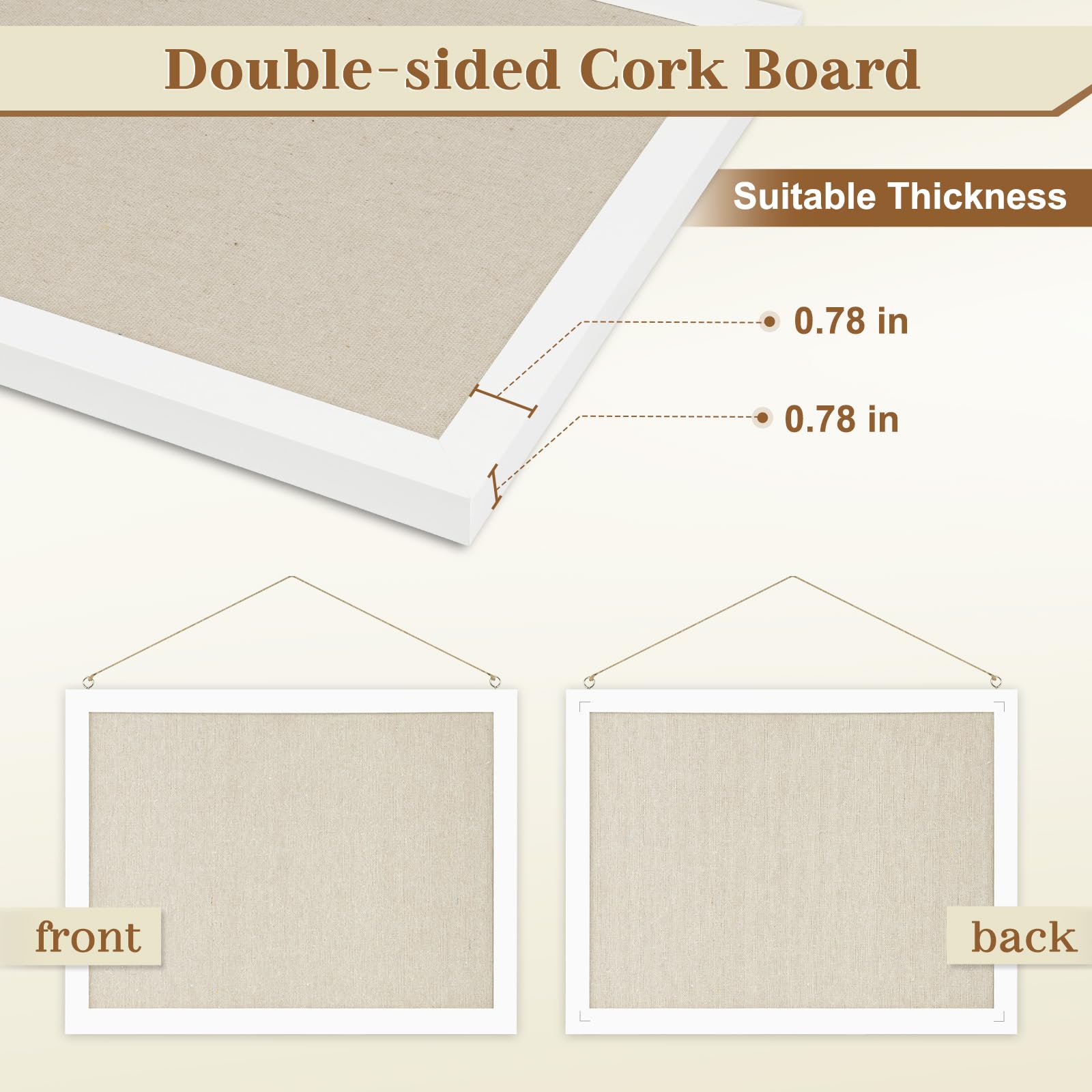 AMUSIGHT 2-Pack Double-Sided Cork Board with Linen, 16" x 12" Hanging Wood Framed Bulletin Board, Picture Display Vision Board Corkboards for Wall Room School Office Decor, 20 Pushpins (Vintage White)