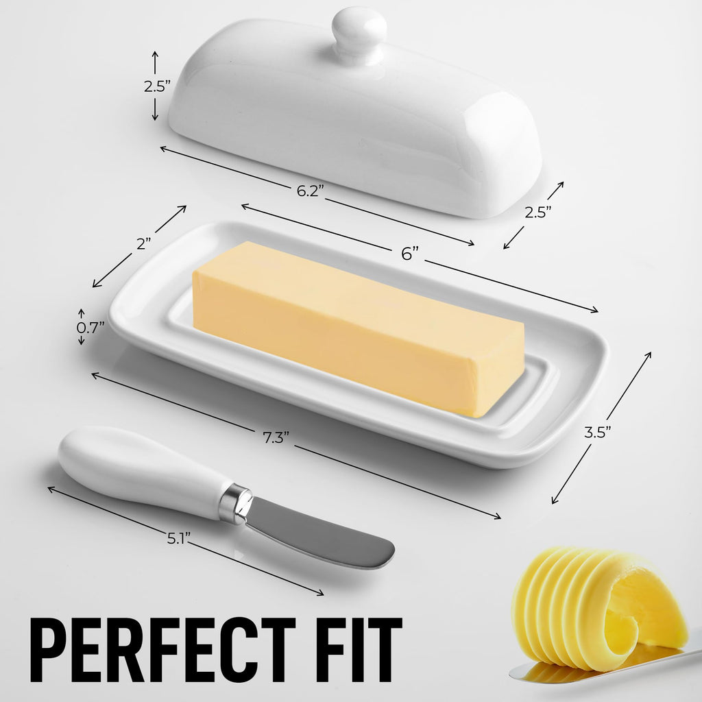 Zulay Porcelain Butter Dish with Lid – White Ceramic Butter Container with Knob Handle – Classic Countertop Butter Holder for 1 Standard Stick – Covered Butter Tray for Western or Eastern Butter