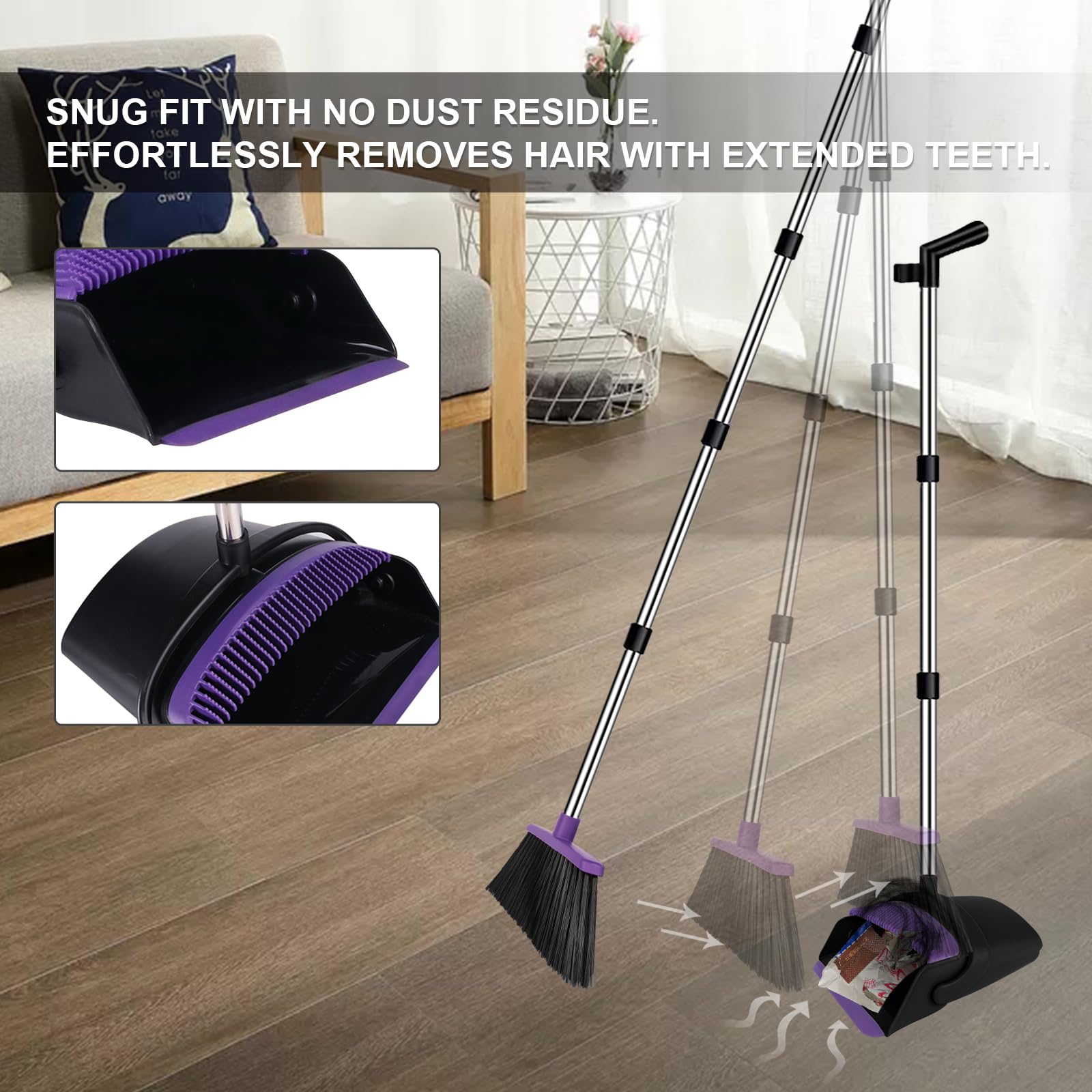 UDUK Broom with Dustpan Combo Set Upright, 51” Long Handle with Comb Teeth,Broom and Dustpan for Dog Cat Pets Home Kitchen Room Lobby Use, Normal, Purple