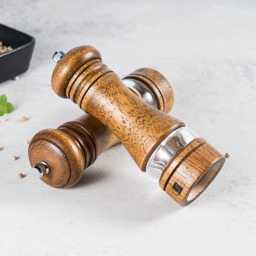 JF JAMES.F Wooden Salt and Pepper Grinder Set, 6.5 inch Rubber Wood Salt and Pepper Mills Set of 2 with Acrylic Visible Window & Adjustable Ceramic Rotor