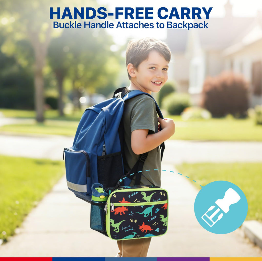 Bagseri Kids Lunch Bag Boys - Kids Lunch Box for Boys Reusable Leak-Proof and Insulated Lunch Bag Toddler Lunch Box for Daycare and School, Black Dinosaur (Water Bottle Not Included)