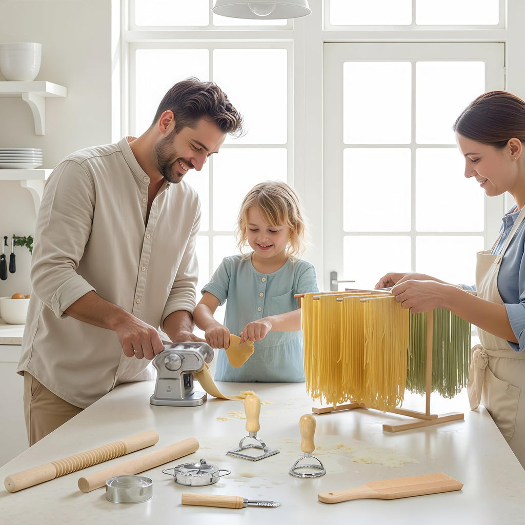 Pasta Making Tools, 9 PCS Wood Pasta Making Kit with Pasta Drying Rack, Pasta Roller, Gnocchi Board, Ravioli Cutter Pasta Making Accessories