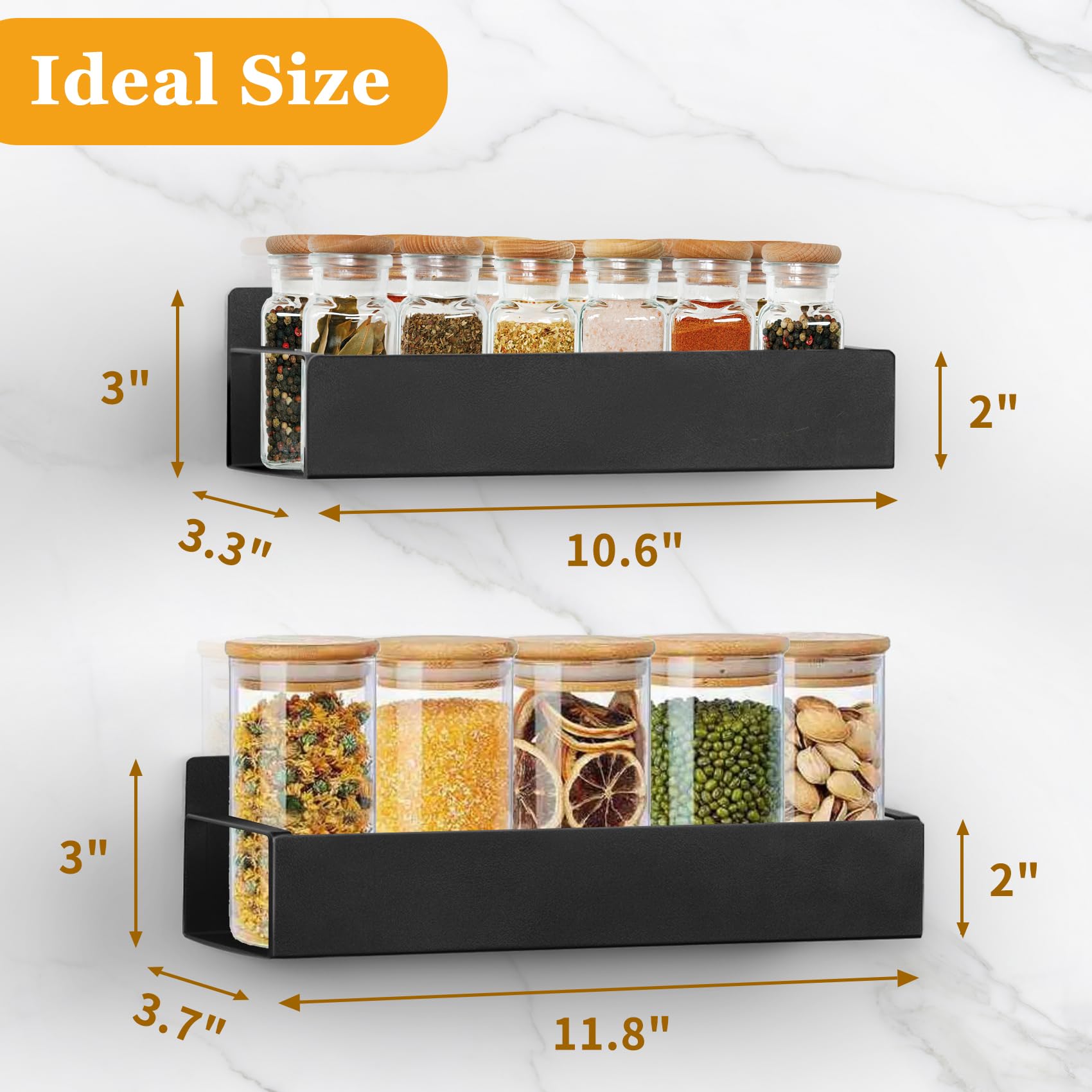 SYLLENHOD Kitchen Spice Rack for Wall: 2 Packs Black Adhesive Spice Racks Wall Mount - 11.8" Large Hanging Storage Organizer Cabinet Without Drilling for Smooth Wall - Work Room Bathroom Shelves