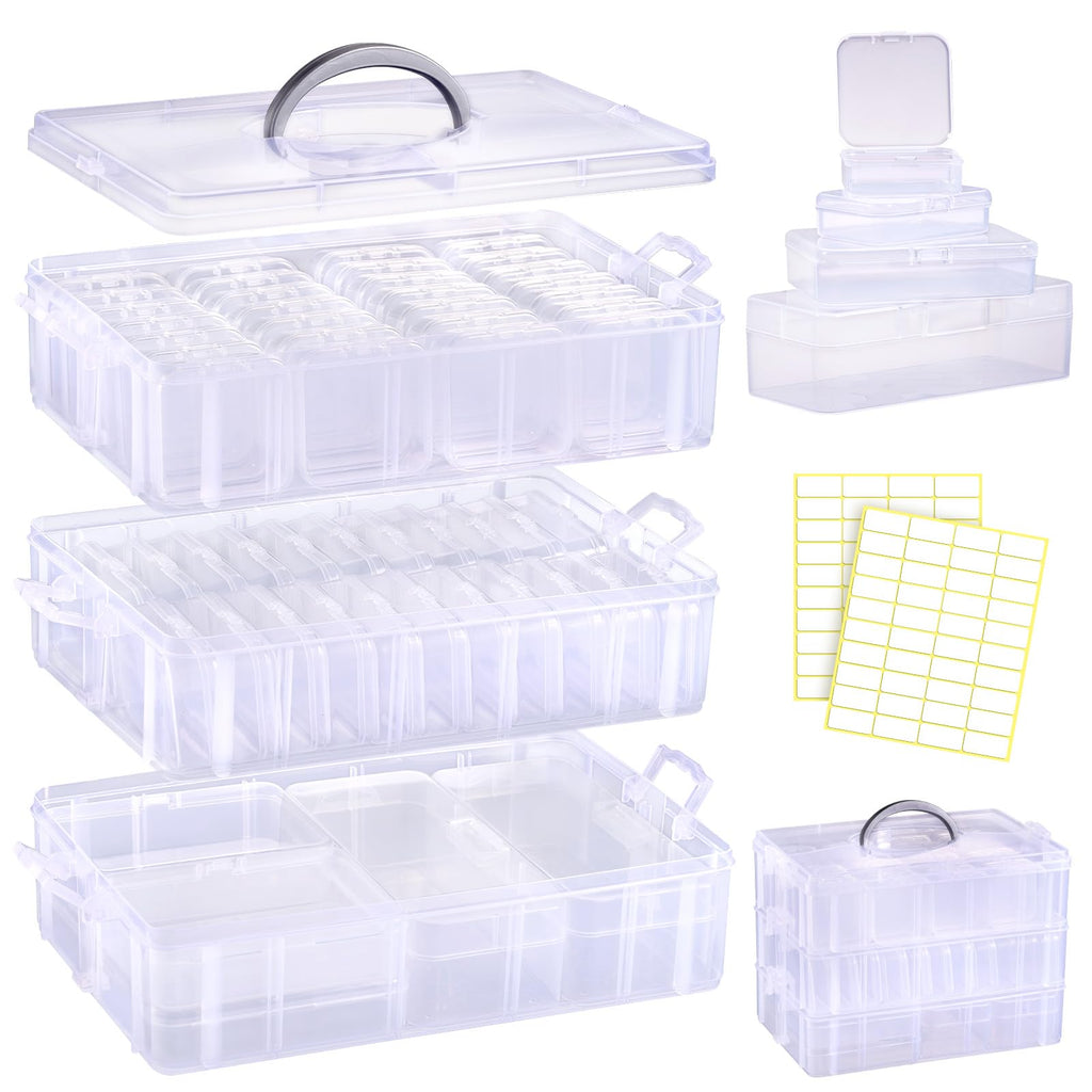 Funtopia 59 Pack Craft Storage Organizer, 3-Tier Stackable Clear Plastic Storage Box Set with 56 Pcs 4-Size Small Bead Organizers, Ideal for Crafts, Jewelry and Small Parts