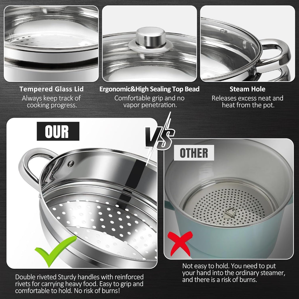 KroWallu 3.6L / 4QT Stock Pot with Steamer, Stainless Steel Pot Set Including Stock Pot, Steamer and Tempered Glass Lid, Stay Cool Handle, Work with Gas Electric Induction Stove, Dishwasher