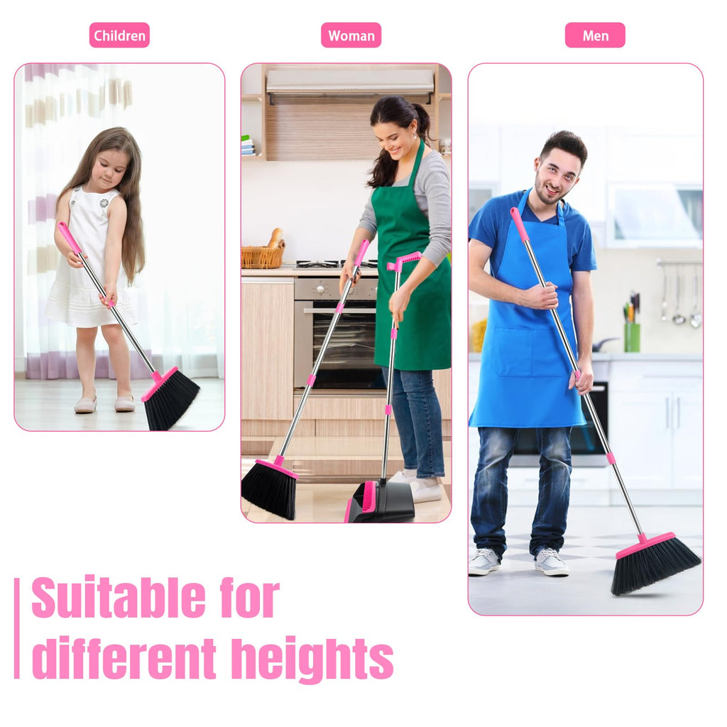 XXFLOWER Broom and Dustpan Set, Dustpans with 51 Inch Broom Combo with Long Handle for Home Kitchen Room Office Indoor Floor Cleaning(Black-Pink)