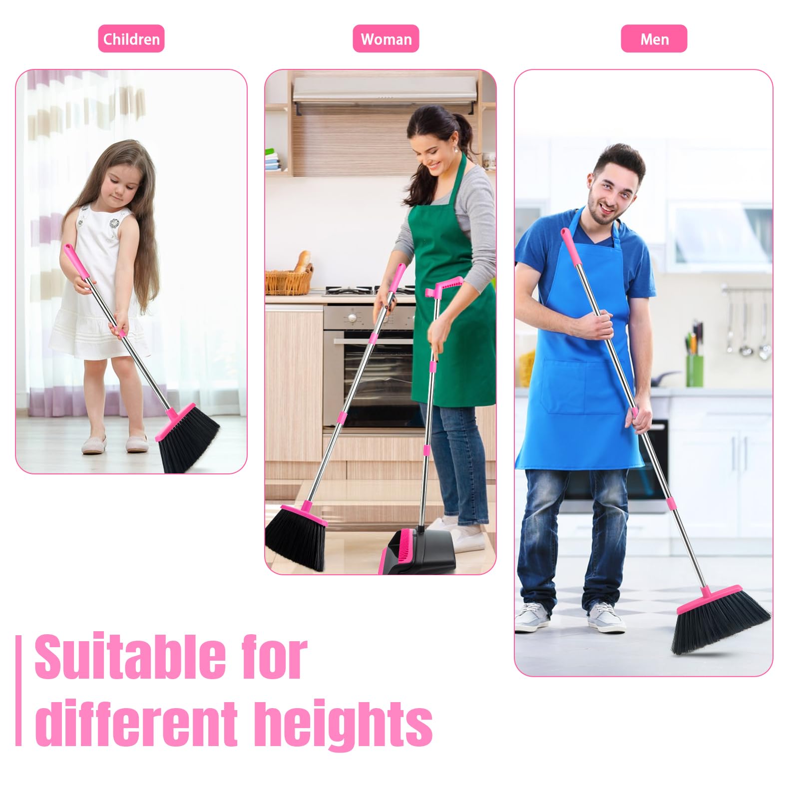 XXFLOWER Broom and Dustpan Set, Dustpans with 51 Inch Broom Combo with Long Handle for Home Kitchen Room Office Indoor Floor Cleaning(Black-Pink)