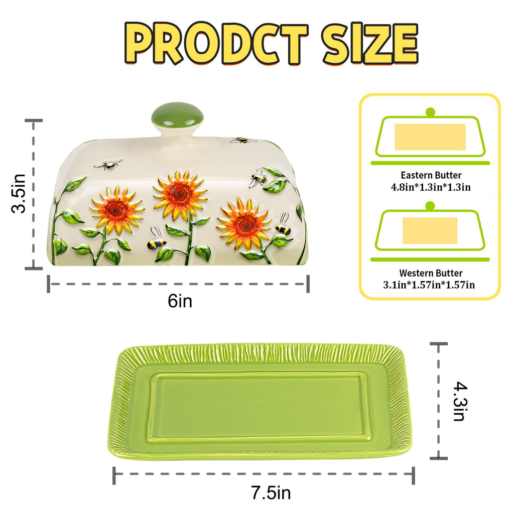 Butter Dish with Lid for Countertop, Sunflower Butter Keeper Holder, 7.5”x4.3” Large Ceramic Butter Tray Storage Sunflower Decor Mother's Day Gifts