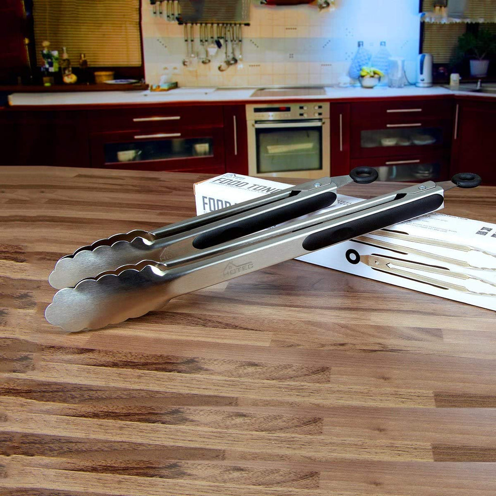 Hotec Stainless Steel Kitchen Tongs Set of 2-9" and 12", Locking Metal Food Tongs Non-Slip Grip