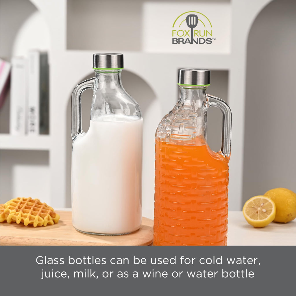 Fox Run Glass Bottle and Lid Set, Set of 2 Glass Pitchers with Stainless Steel Lids, 39 oz/1.15 Liter Capacity Each