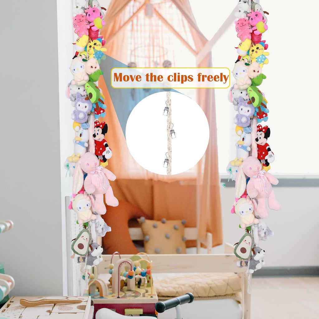 2Pcs Stuffed Animals Storage Chain 80" Hanging Organizer with 40 Metal Clips Stuffed Animal Display Holder Macrame Stuffed Animal Chain Decor Hanger for Nursery Playroom Wall Corner
