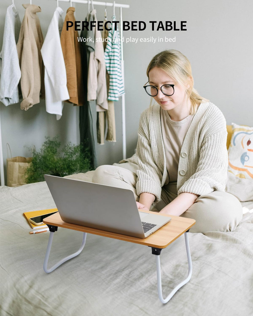 Ruxury Foldable Lap Desk Laptop Stand Bed Desk Table Tray, Breakfast Serving Tray, Portable & Lightweight Mini Table, Lap Tablet Desk for Sofa Couch Floor - Wood