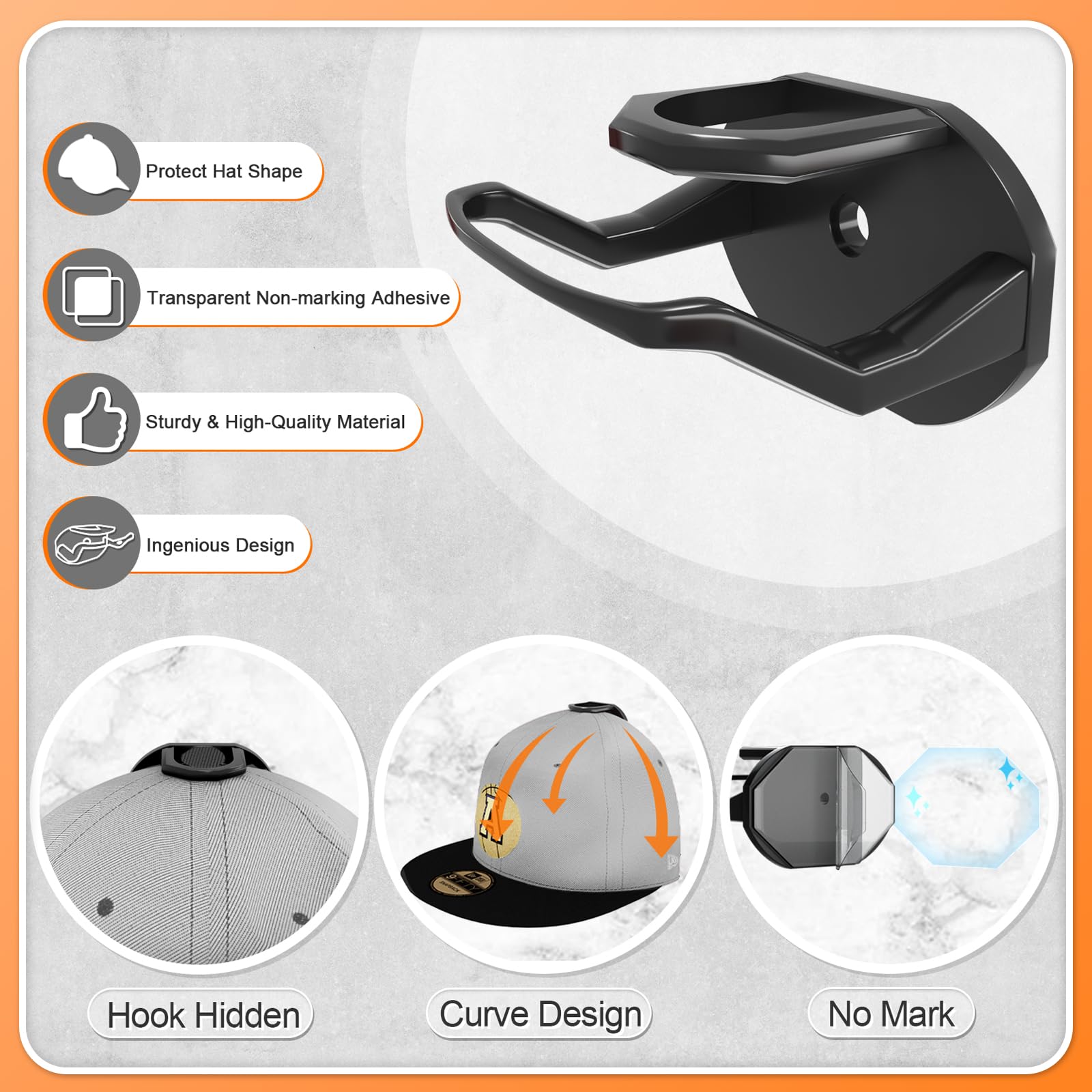 24 Pack Hat Hooks for Wall, Strong Adhesive Hat Rack for Baseball Caps, Minimalist Hat Organizer Display for Home Decor, Hat Hold Hanger for Wall, Door, Closet, No Drilling (Black)