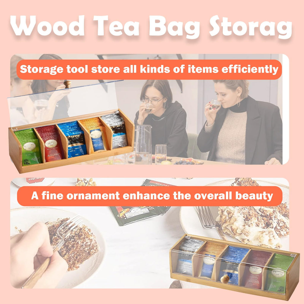Bamboo Tea Bag Organizer, Bamboo Tea Box with 5 Compartments, Tea Storage Organizer Holder Box with Acrylic Window for Teabags, Countertop TeaStation Organizer for Home Kitchen Office Cabinet Pantry