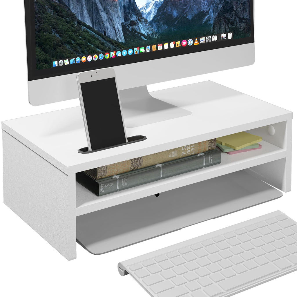 BONTEC Wood Monitor Stand Riser, Desk Monitor Stand with Smartphone Holder, Ergonomic Laptop Stand with Cable Management for Computer, Notebook, PC, 2 Tiers White,16.5 Inch