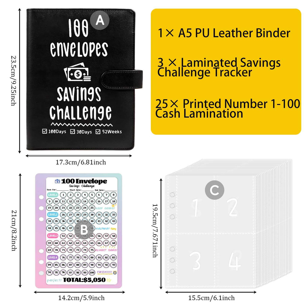 100 Envelopes Challenge Binder, Money Savings Challenges Book to Save $5,050 and $2,600 and $300, A5 Dinero Saving Planner Cash Budget Organizer, Black