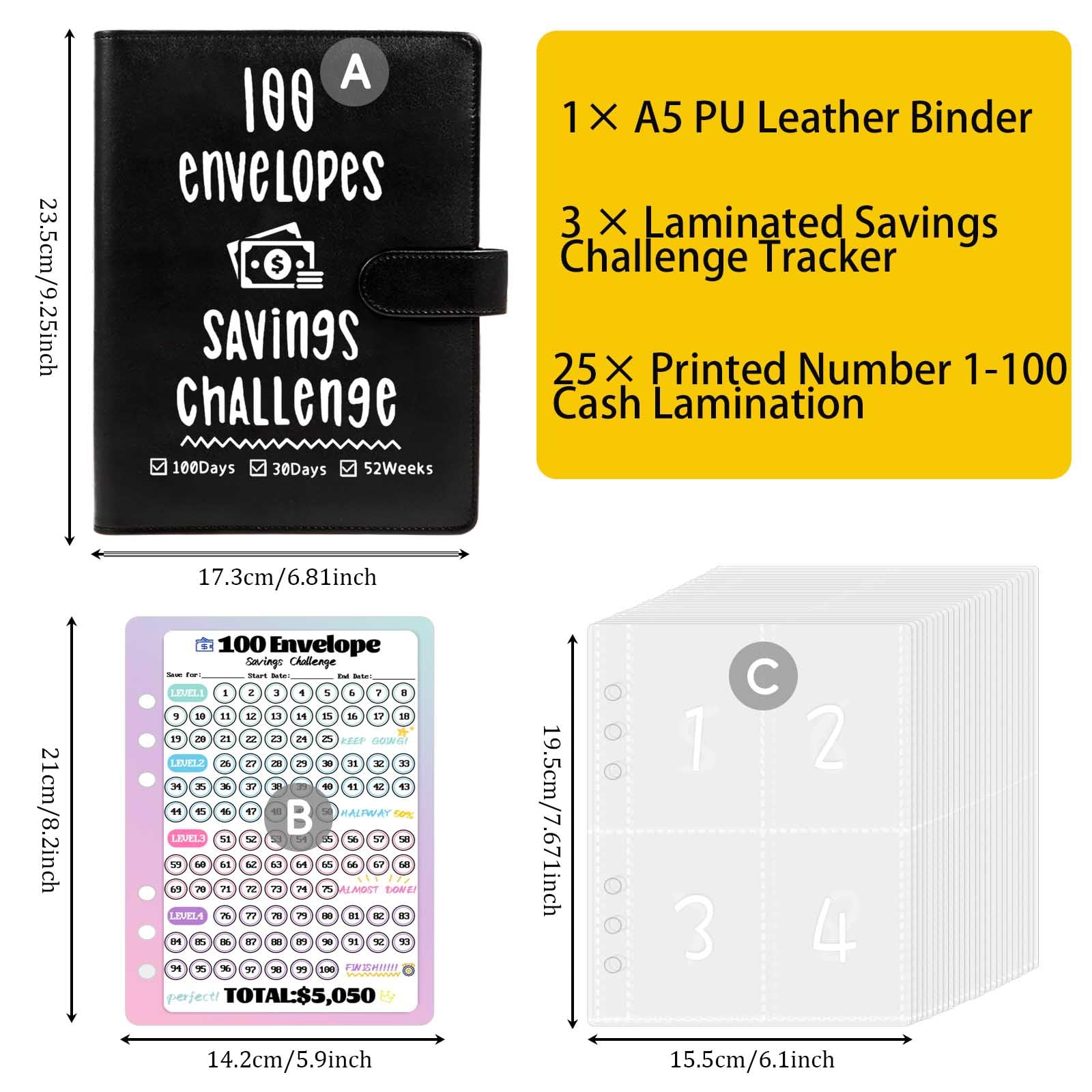 100 Envelopes Challenge Binder, Money Savings Challenges Book to Save $5,050 and $2,600 and $300, A5 Dinero Saving Planner Cash Budget Organizer, Black