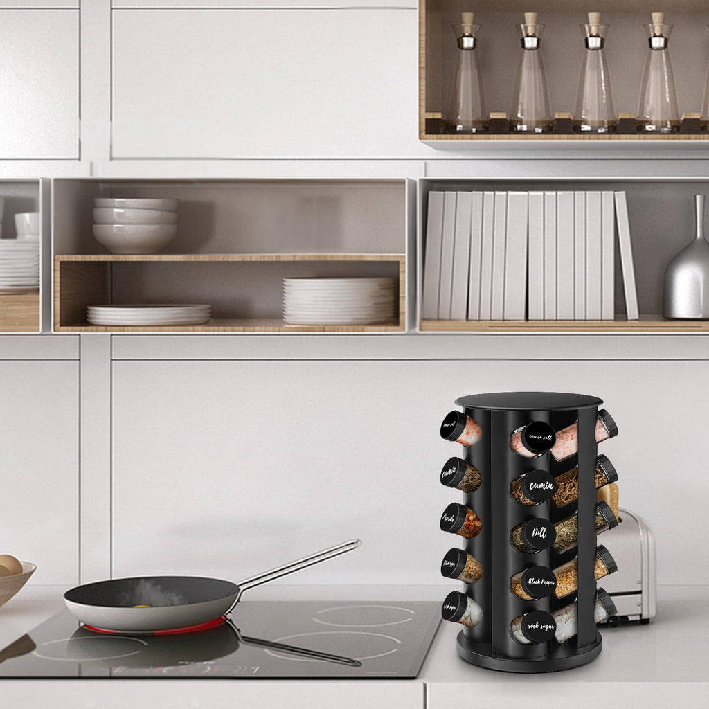 AKOZLIN Rotating Spice Jars with Rack Revolving Spice Rack with 20 Spice Jars Kitchen Spice Tower Organizer Stainless Steel with Stickers and Folding Funnel for Countertop or Cabinet, Silver