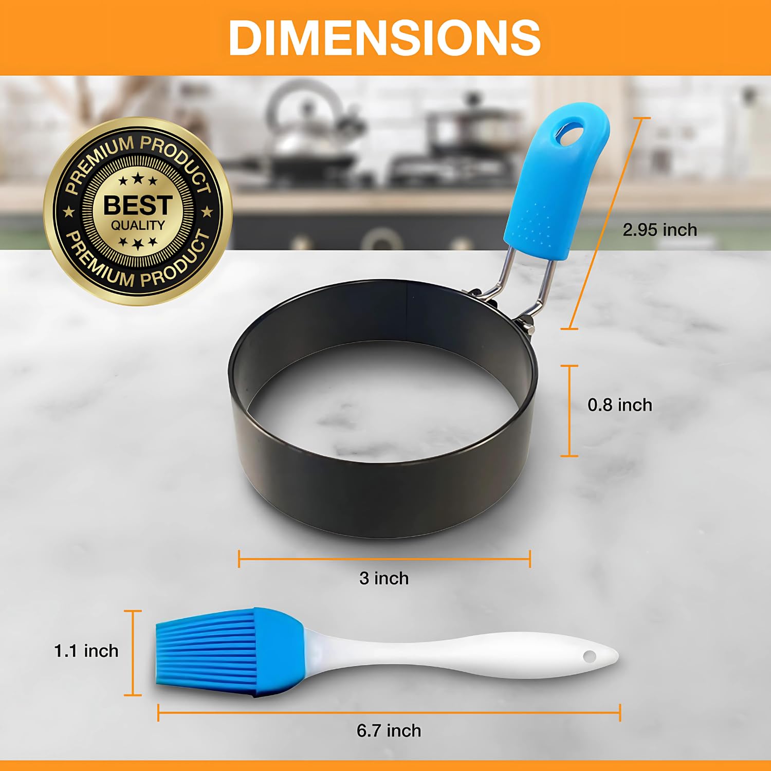 YOLKIEE Egg Rings, 4-Pack, Non-Stick Egg Ring with Oil Brush, Stainless Steel with Anti-Scald Multi-Color Silicone Handle, Round Mold Shaper for Frying Eggs and McMuffins