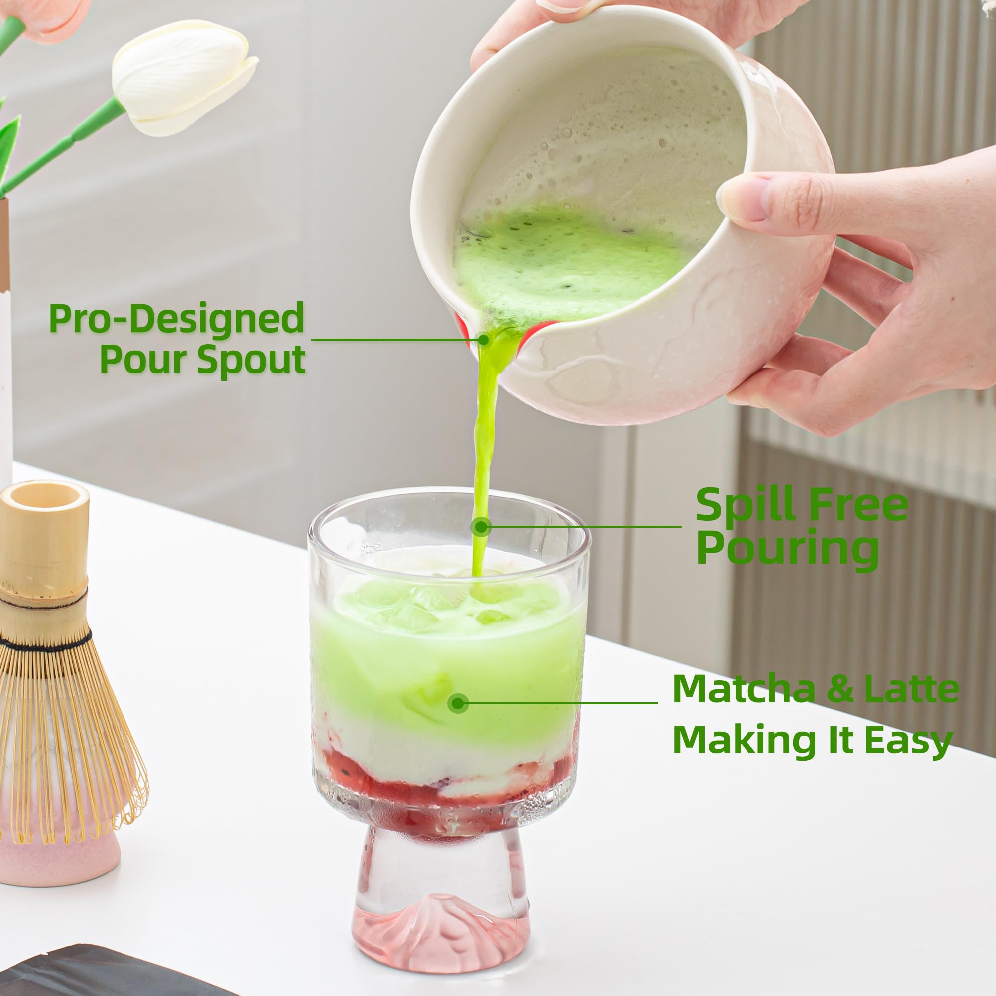 TEANAGOO Matcha Set Pink, 7 Pcs Matcha Whisk Set, Matcha Kit for Ceremony, Tradition Tea Set for Making Breakfast/Latte, Matcha Whisk Set with Bowl(Chawan)/Whisk and Holder, Gift for Family/Friend