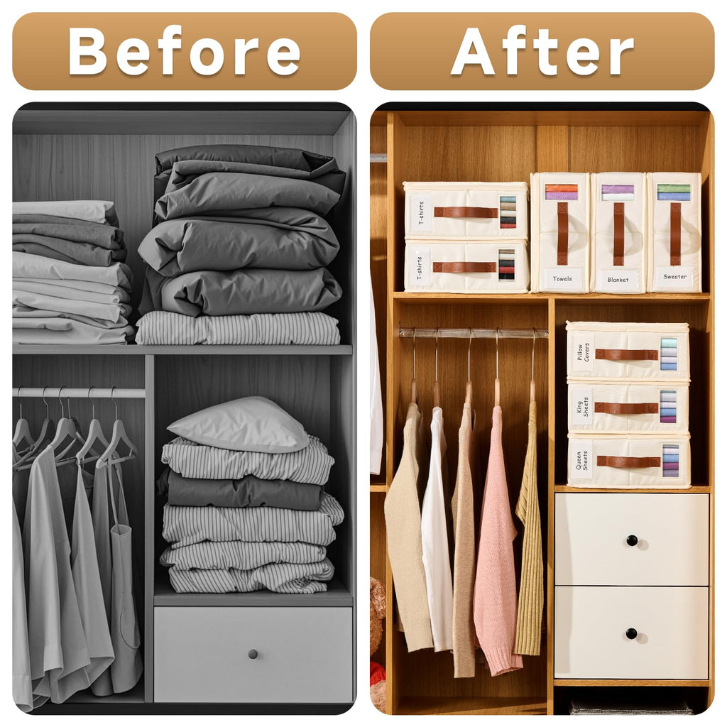 Bed Sheet Organizer 4 Pack - No Insects Entry Sheet Organizers and Storage with Zipper, Label, Handle, Window, Linen Closet Organizers and Storage for Sheet Set, Clothing, Duvet Covers, Blanket