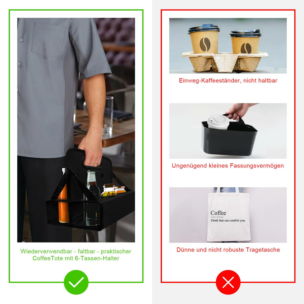 BOHEMIABY Drink Carrier with Handle Reusable, 6 Cup Portable Drink Carrier, Foldable Cup Coffee Carrier, Carry Cocktails、Safely Secures Hot and Cold Beverages-for Delivery and Take Out (Black)