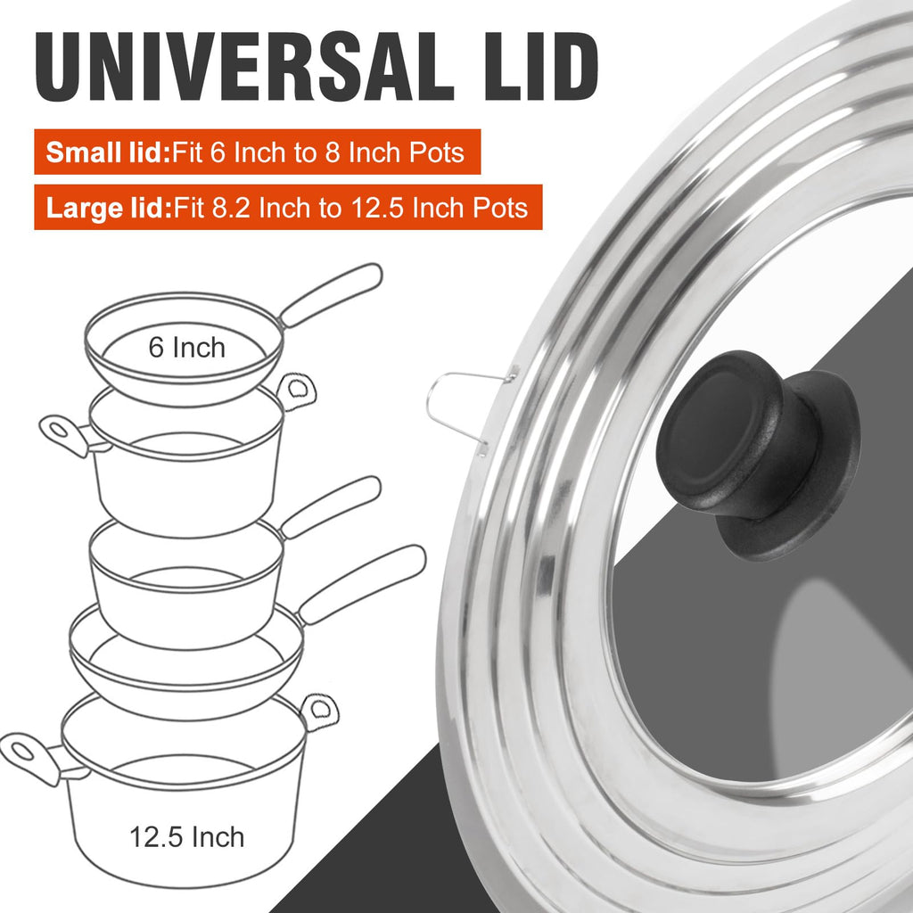 Universal Lid for Pots and Pans Skillets, Pan Cover with Tempered Glass Top Fits 6,7,8 Inch & 8.2, 9, 10, 11, 12 Inch Cookware, Stainless Steel Replacement Frying Pan Cover, Cast Iron Lids