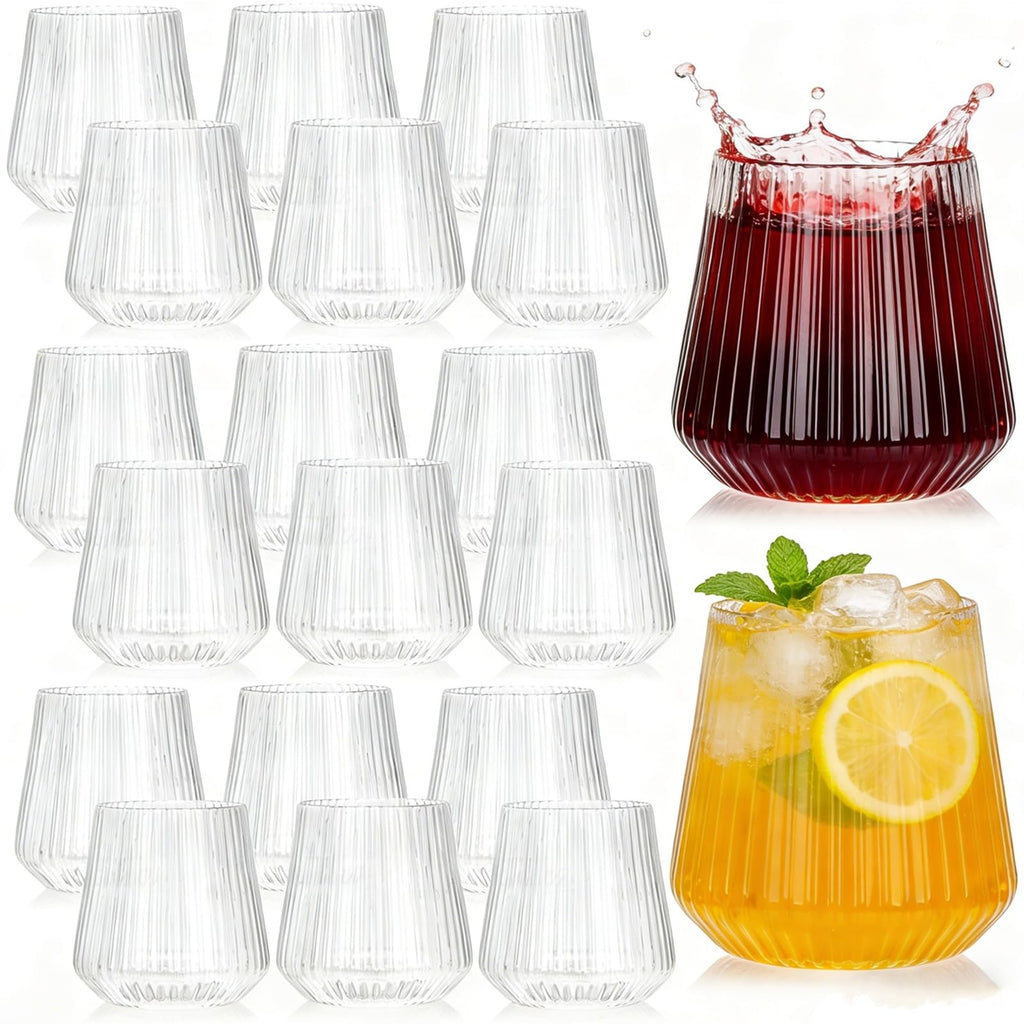 Tebery 20 Pack Plastic Ribbed Wine Glasses, 12 Oz Unbreakable Stemless Cocktail Cups for Party, Reusable Origami Style Ridged Drinking Tumbler for Champagne Catering Wedding Picnic Bar