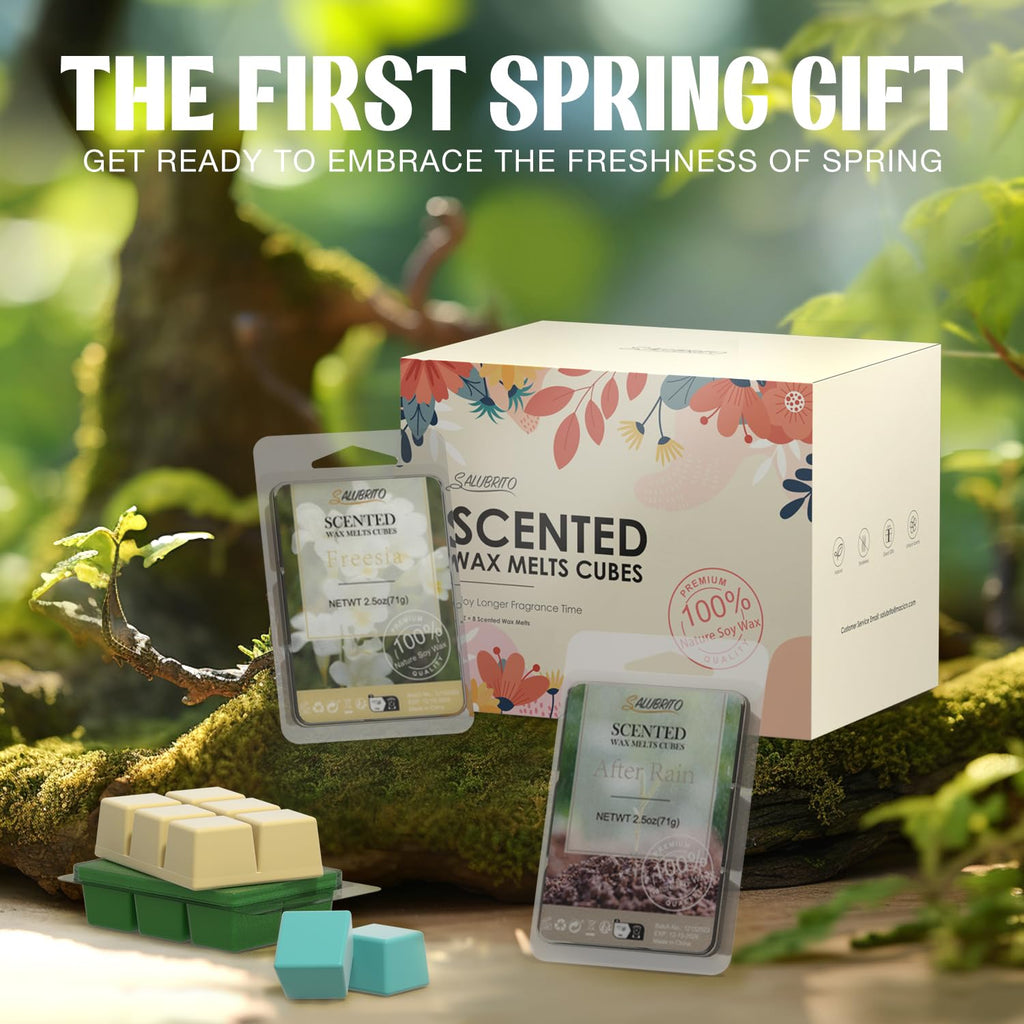 SALUBRITO Spring Scented Wax Melts, Soy Wax Cube/Tarts Variety Gift Set, Rain, Fresh Cut Grass, Ocean Breeze, Sweet Pea, Rose Geranium, Gardenias, Freesia, Bamboo