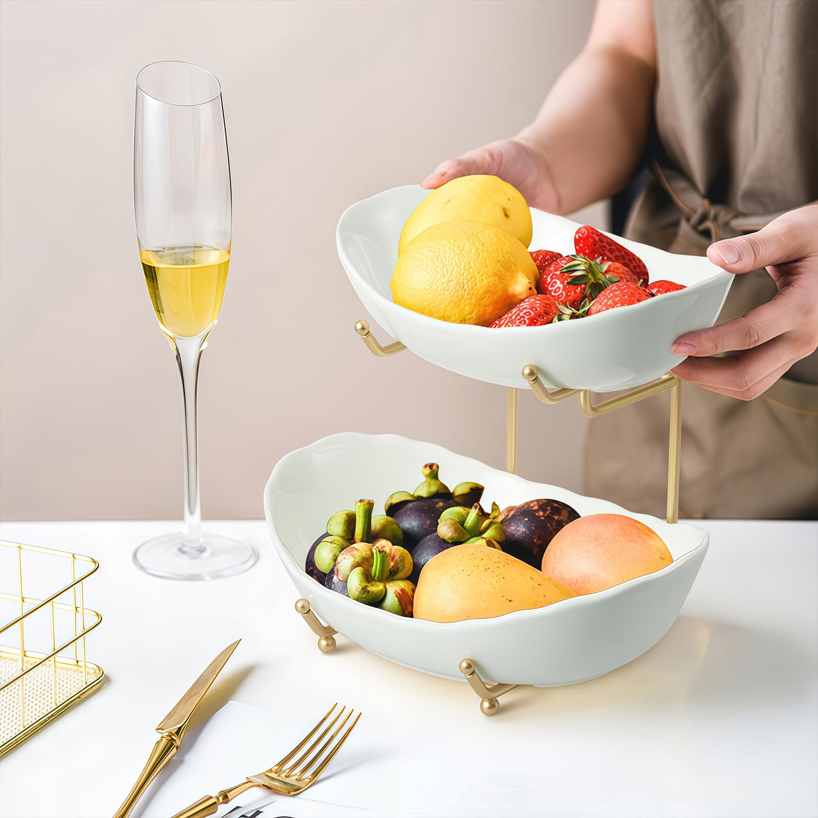 HOMKULA Fruit Bowl for Kitchen Counter - 2 Tier Ceramic Serving Bowls with Metal Stand, Tiered Fruit Basket for Fruit Vegetable Storage, Snack, Nuts, Cake, Dessert, Small & Cute (Gold&White) 1
