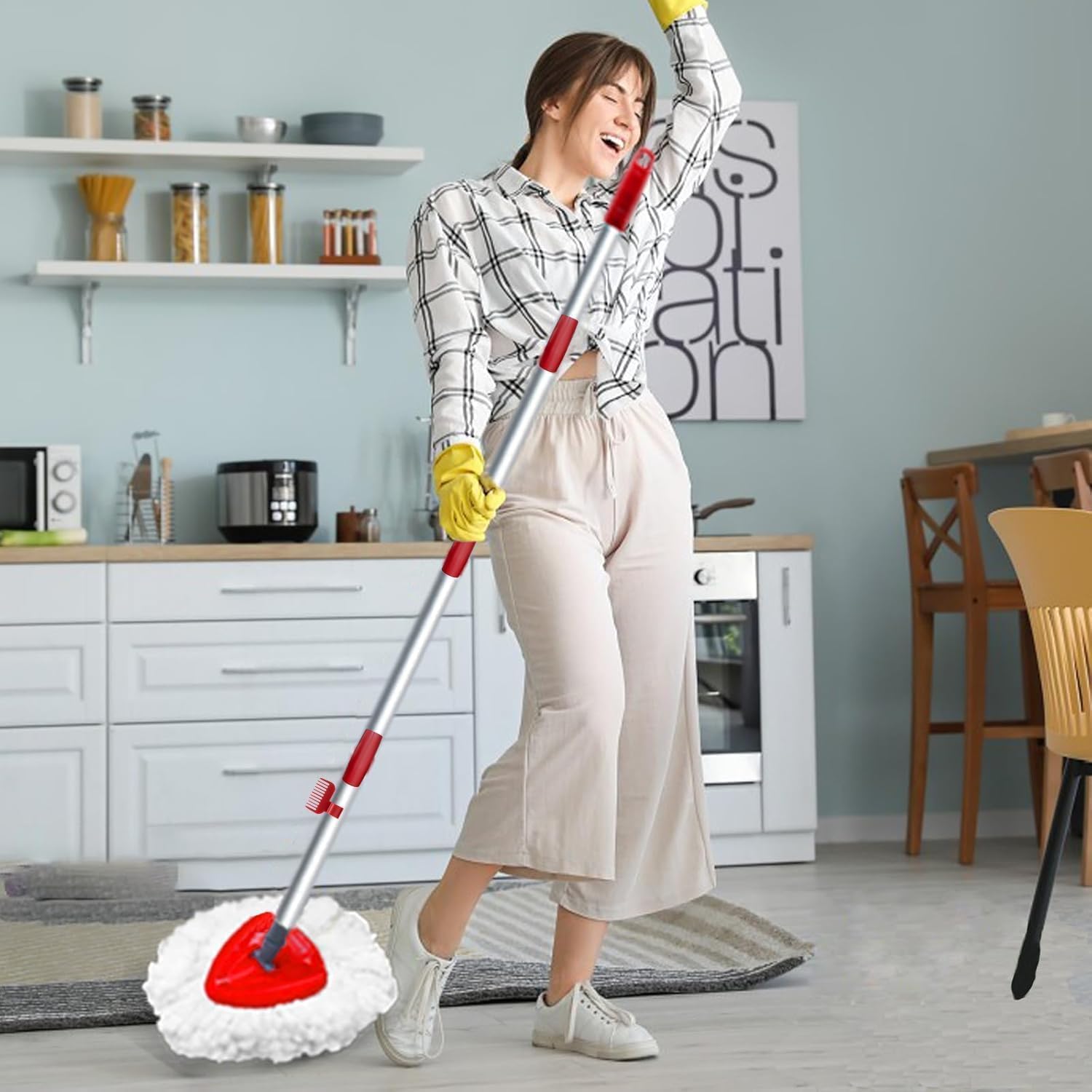 Spin Mop Head and Brush Replacement for Vileda EasyWring 1-Tank System, SuperAbound 4 Mop Replace Heads, 1 Handle, 1 Base and 1 Upgraded Scrub Brush Combo Set