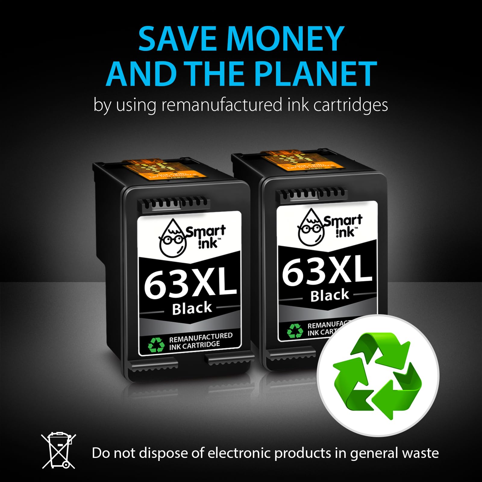 Smart Ink Remanufactured Ink Cartridges Replacement for HP 63 XL 63XL (2 Black Combo Pack) to use with Envy 4520 4522 4516 OfficeJet 3833 3830 4650 3836 5255 5200 DeskJet 3630 3632 3836 3634 Printer