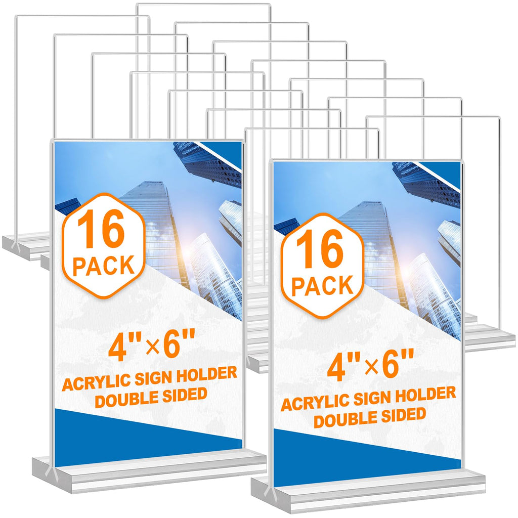 Acrylic Sign Holder 4x6, 16 Pack Clear Double Sided Clear Table Menu Vertical Display Stand Desktop Display Stand Paper Holder Table Sign Holder Suitable for Restaurants Office Store Show Fair